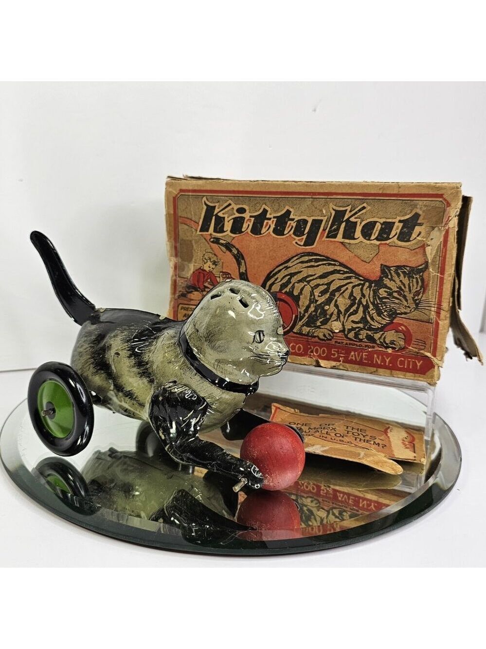Vintage Louis Marx Tin Litho Friction Black Tabby Cat with Ball And Box. Works!